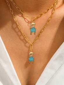 1pc European & American Minimalist Copper Plated Gold Heart-Shaped Zirconia Couple Pendant Necklace Set For Boys & Girls Exquisite For Daily Wear And Gift - Gold - View 8