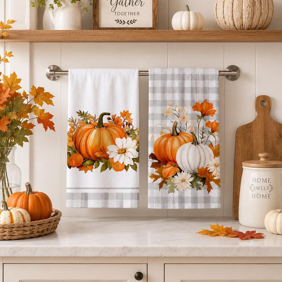 2/4/6/8pcs Pumpkin Pattern Kitchen Towel Set, Machine Washable Absorbent Dish Cloths And Decorative Hand Towels, Suitable For Autumn, Thanksgiving, Halloween Kitchen And Home Decor - Multicolor - View 1
