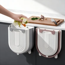 Foldable Wall-Mounted Kitchen Trash Can, No-Drill Hanging Waste Basket, Minimalist Space-Saving Compost Bin For Kitchen Cabinet, Sink, Bathroom, Multiple Colors Available: Gray, Pink, Blue (Slight Color Difference Is Normal) - Multicolor - View 6