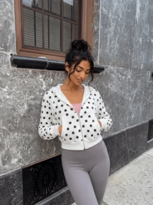 Never me Women's Sports Sweatshirt, Large Polka Dot All-Over Print, Zip-Up Short Sweatshirt, Double Pockets, Drawstring Hood, Casual Fitness Short Jacket - White - View 8