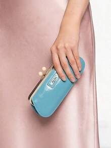 Miu Miu Light Blue Glossy Metal Clasp Makeup Storage Bag, Vintage Pearl Buckle Long Portable Design, Suitable For Home Vanity, Commute, Travel, Business Trip, Exquisite For Personal Use, Perfect Birthday Holiday Gift For Best Friend - Blue - View 3