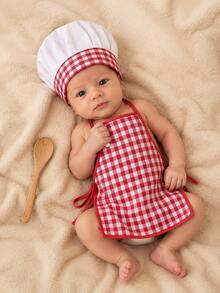 2pcs Newborn Photography Props, Includes Apron And Chef Hat, Kitchen Cooking Theme Photo Props For Baby Boys And Girls, Plaid Pattern Chef Outfit, Milestone Commemoration, Baby Party Gift - Multicolor - View 1