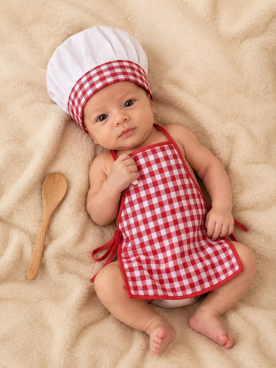 2pcs Newborn Photography Props, Includes Apron And Chef Hat, Kitchen Cooking Theme Photo Props For Baby Boys And Girls, Plaid Pattern Chef Outfit, Milestone Commemoration, Baby Party Gift - Multicolor - View 1