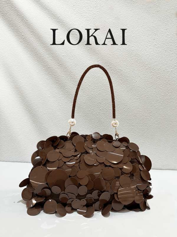 1 pezzo Borsa da sera rotonda grande marrone con paillettes, borsa a mano decorata con perle e perline, clutch di lusso per feste e matrimoni, borsa a spalla elegante formale da donna per banchetti, clutch di alta gamma per discoteca e feste danzanti