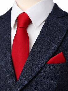 1 Set Men's Solid Color Diagonal Stripe Tie And Pocket Square Set, Suitable For Business, Wedding, Banquet - Red 2 - View 1