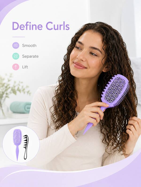 2PCS Curly Hair Brush Set, Curl Defining Vented Detangling Brush With Flexible Pins, Side Comb And Pointed Tail Handle, Black Root Lift Pick Comb For Volume, Wet Dry Styling Tools For Wavy Curly Coily Thick Hair