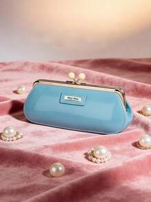 Miu Miu Light Blue Glossy Metal Clasp Makeup Storage Bag, Vintage Pearl Buckle Long Portable Design, Suitable For Home Vanity, Commute, Travel, Business Trip, Exquisite For Personal Use, Perfect Birthday Holiday Gift For Best Friend - Blue - View 6