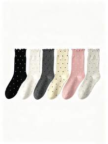 1/6 Paar minimalistische einfarbige Socken mit kleinen Polka Dots, süßem Rüschenrand, vielseitig und bequem, mittelhoch - Verschiedenfarbig - Übersicht 13