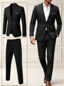 2pcs Men's Suit Set: Jacket, Trousers And Long Pants, Elegant Business Casual Style, Suitable For Banquet And Party Occasions - Black - View 1