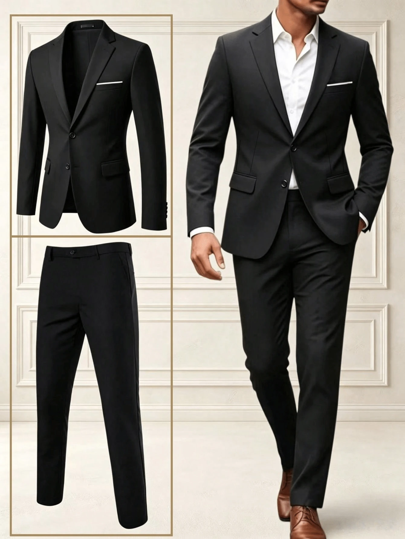 2pcs Men's Suit Set: Jacket, Trousers And Long Pants, Elegant Business Casual Style, Suitable For Banquet And Party Occasions - Black - View 1
