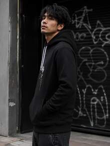 Men Black Japanese Style Rose Line & Japanese Text Print Hoodie, Drawstring Kangaroo Pocket Casual Sports Pullover Sweatshirt - Black - View 4