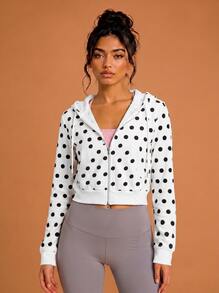 Never me Women's Sports Sweatshirt, Large Polka Dot All-Over Print, Zip-Up Short Sweatshirt, Double Pockets, Drawstring Hood, Casual Fitness Short Jacket - White - View 9