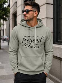 Men Mint Green Blessed Letter Front & Back Print Hoodie, Drawstring Kangaroo Pocket Casual Sports Pullover Sweatshirt - Multicolor - View 2