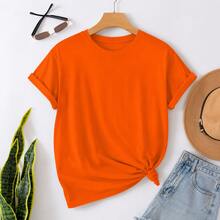 Women's Casual Orange Cotton T-Shirt, Short Sleeve Round Neck Regular Fit Top, Lightweight And Soft For Summer - 珊瑚橙 - 查看 2
