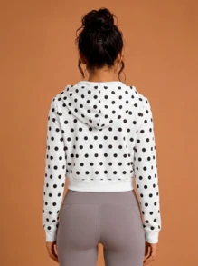 Never me Women's Sports Sweatshirt, Large Polka Dot All-Over Print, Zip-Up Short Sweatshirt, Double Pockets, Drawstring Hood, Casual Fitness Short Jacket - White - View 7