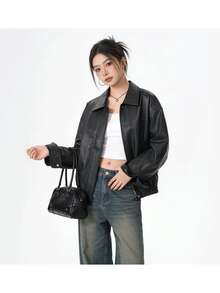 Premium Fashion Versatile Leather Jacket, Solid Color Zipper Leather Coat, College Style, Vacation, Daily Wear, Spring/Autumn - Black - View 7
