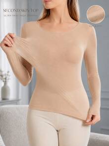 Women's Seamless Base Layer Top, Ultra-Thin Thermal Heat-Generating Innerwear, Long Sleeve Crew Neck, High Elasticity, Autumn/Winter Style - Apricot - View 8