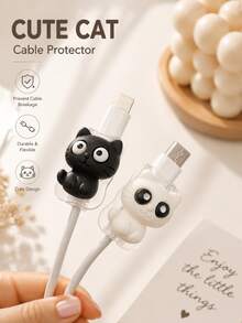 2pcs Black/White Big Eye Cat Cable Protector, High Transparency Shell Anti-Yellowing Anti-Scratch, Transparent Soft Silicone Anti-Bend Anti-Break Cable End, Suitable For Commuting Dorm Home Charging, Watching Movies While Charging Daily Use, Compatible With Apple 18W/20W PD Fast Charging, Simple Cute Digital Gift For Best Friend - Multicolor - View 3