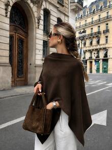 Damen Herbst/Winter minimalistisches bequemes Cape Top, elegantes hochwertiges lockeres Strick Cape, geeignet für Schulanfang, Büro Alltagskleidung Braun Herbst - Braun - Übersicht 5