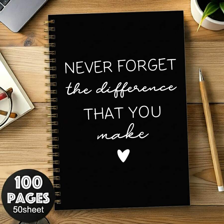 1pc 5.5x8.3 Inch Spiral Notebook, "Never Forget The Difference You Made" Inspirational Journal, Minimalist Black Cover Notebook, Thank You Gift For Teacher/Colleague/Boss, Retirement Farewell Keepsake - Black and White - View 1