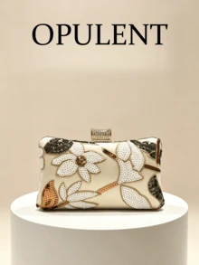 Floral Sequin Evening Clutch Bag, Hard Shell Wallet, Elegant Handheld Bag Suitable For Weddings, Galas And Parties - Gold - View 1