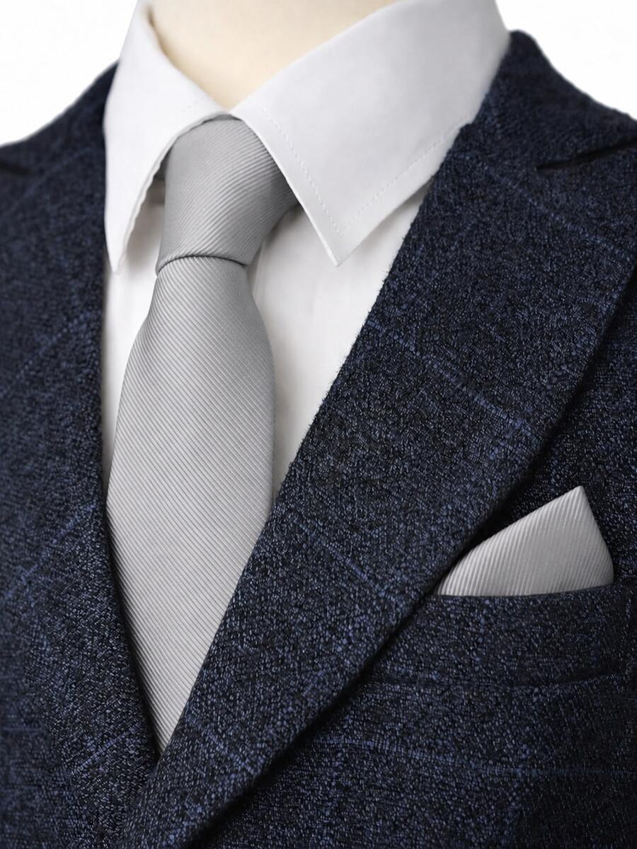 1 Set Men's Solid Color Diagonal Stripe Tie & Pocket Square Set, Suitable For Business, Wedding, Banquet - Silver - View 1