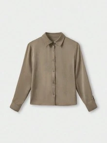 Women's Satin Button-Front Long Sleeve Elegant Lapel Blouse, Office Commute Business Casual Top, Loose Fit Solid Color Basic T-Shirt - Brown - View 4