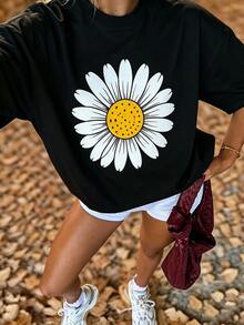 Y2K Simple Daisy Graphic Crew Neck Short Sleeve Tee Casual Loose Fit Daily Summer Top For Women - 黑色 - 查看 1
