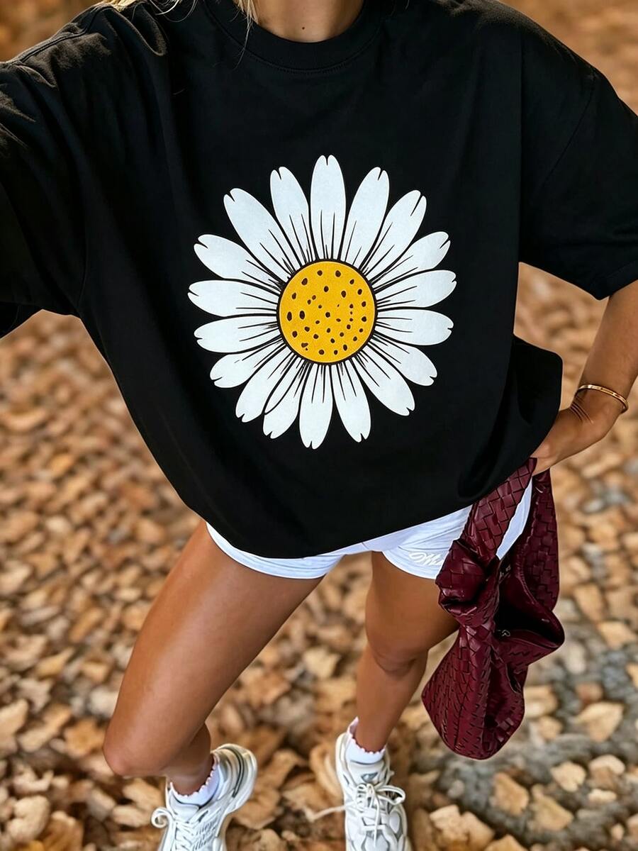 Y2K Simple Daisy Graphic Crew Neck Short Sleeve Tee Casual Loose Fit Daily Summer Top For Women - 黑色 - 查看 1