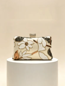 Floral Sequin Evening Clutch Bag, Hard Shell Wallet, Elegant Handheld Bag Suitable For Weddings, Galas And Parties - Gold - View 6