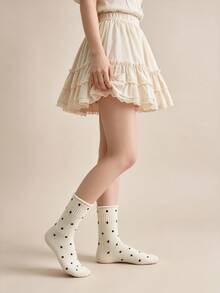1/6 Pairs Minimalist Solid Color Small Polka Dot Sweet Ruffle Edge Versatile Comfortable Mid-Calf Socks - Multicolor - View 5