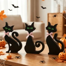 1pc Wooden Black Cat Tabletop Sign Decor, With Pink Bow And Green Cat Eyes Glow In Dark Sticker Decoration, Autumn Halloween Household Desk Shelf Party Supplies. - Multicolor - View 11