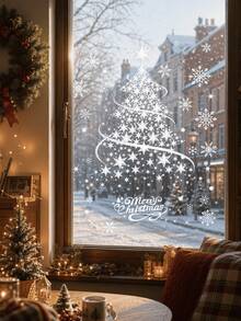 2sheets/Set Merry Christmas Oversized Silver Christmas Tree Pattern Window Cling Sticker, Reusable Glitter PVC Decal For Holiday Display, Suitable For Glass, Walls And Doors, Waterproof PVC, Cartoon Theme Glass Door Decor With Static Cling - A - View 5