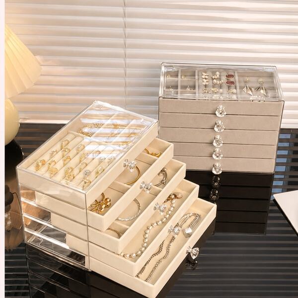 Luxury 5-Layer Jewelry Storage Box With Transparent Lid, Velvet Drawers And Crystal Handles, Suitable For Rings, Earrings, Necklaces And Bracelets