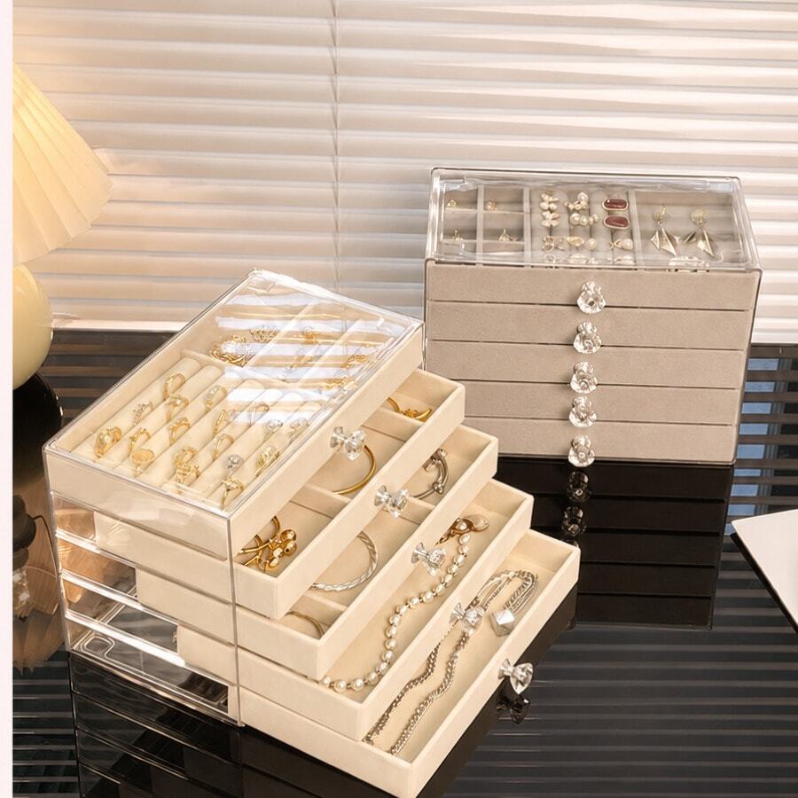 Luxury 5-Layer Jewelry Storage Box With Transparent Lid, Velvet Drawers And Crystal Handles, Suitable For Rings, Earrings, Necklaces And Bracelets - Multicolor - View 1