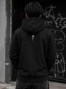 Men Black Japanese Style Rose Line & Japanese Text Print Hoodie, Drawstring Kangaroo Pocket Casual Sports Pullover Sweatshirt - Black - View 3