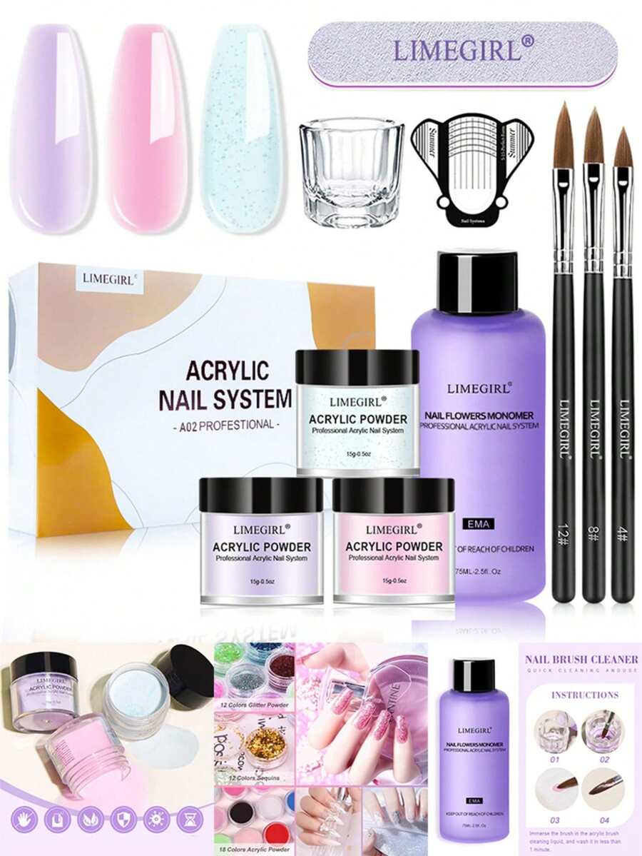 LIMEGIRL Acrylic Nail Art Set, Acrylic Liquid Set, Nail Crystal Powder, 3/5pcs Nail Brushes, Suitable For Acrylic Nail Extension And Carving. Suitable For Home Salon And DIY.