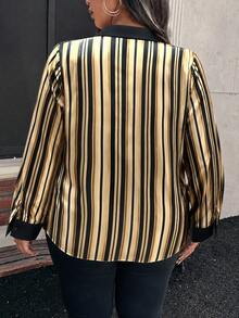 Blus Wanita Ukuran Besar Elegan Motif Garis Bahan Satin Lengan Panjang, Cocok untuk Atasan Harian Musim Gugur - emas hitam - View 2