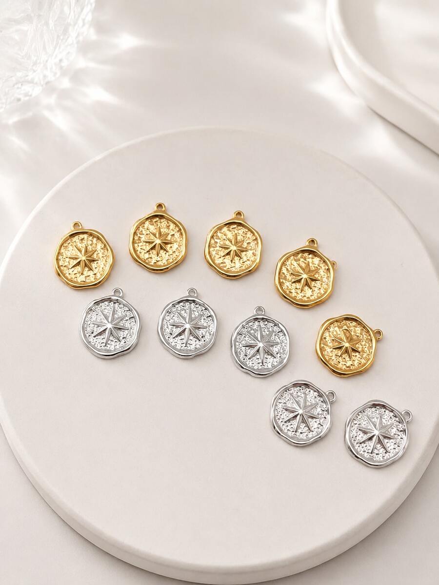 1/2/5pcs Compass Pendant, Vintage Nautical Style Hanging Decor, Round Star Compass DIY Jewelry Accessories, Suitable For Necklace And Bracelet Making - Multicolor - View 1