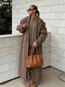 Women's Autumn/Winter Long Lapel Coat, Soft Minimalist Elegant Loose Fit Jacket - Mocha Brown - View 1