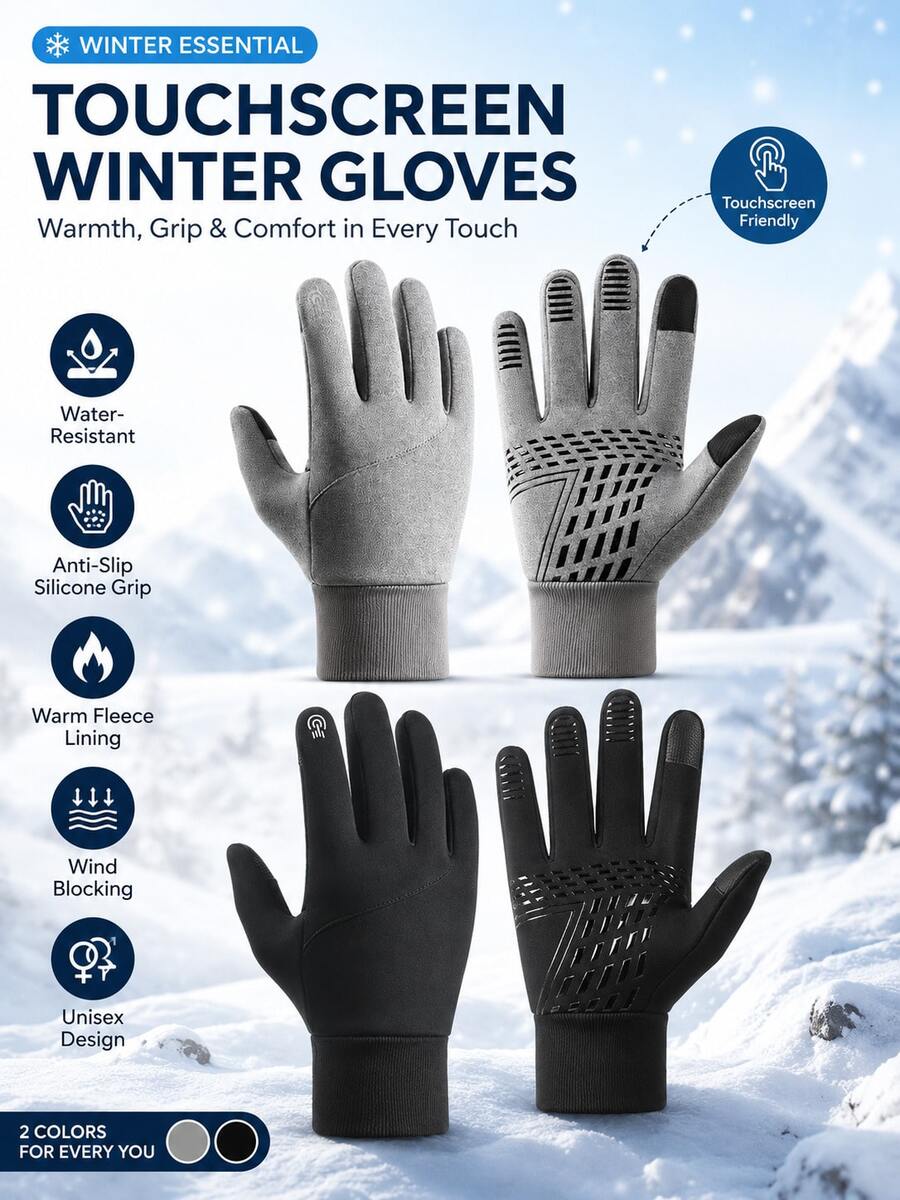 Winter Fleece Touchscreen Gloves, Unisex, Windproof, Waterproof, Warm, Anti-Slip Grip, Suitable For Driving, Cycling, Commuting And Outdoor Activities - Multicolor - View 1