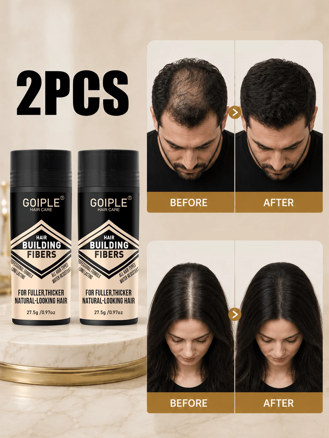 Goiple Hair Fiber Multi-Pack (2 X 27.5g) - Instantly Covers Thin Hair And Hairline, Creates Natural Look, Unisex Hair Fiber