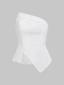 Women's Casual Strapless Peplum Top Asymmetrical Fold Over Neckline Tube Top For Fall Daily Commuting Going Out Dating - White - View 4