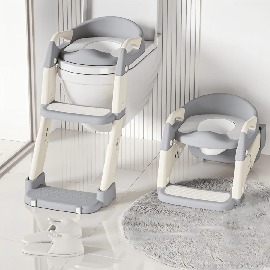 Nesmova 2-In-1 Toddler Potty Ladder, Soft Cushion & High Backrest, Adjustable Potty Chair, Adjustable Step Stool For Standard Toilets, Unisex - Grey - View 1