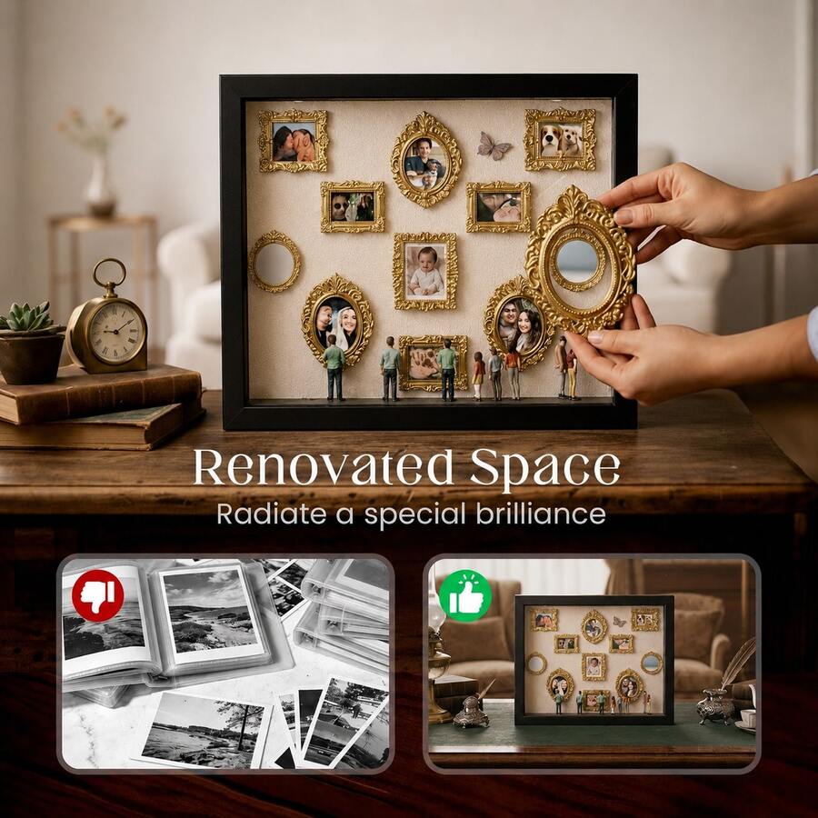 DIY Memory Display Shadow Box Frame – Vintage Ornate Mini Picture Frames Wall Decor Set, 8 Mini Frames & Figures, 3 Background Options, Photo Collage Wall Art, Home Living Room Decor, Gift For Family Couple & Pet Lovers - Multicolor - View 1