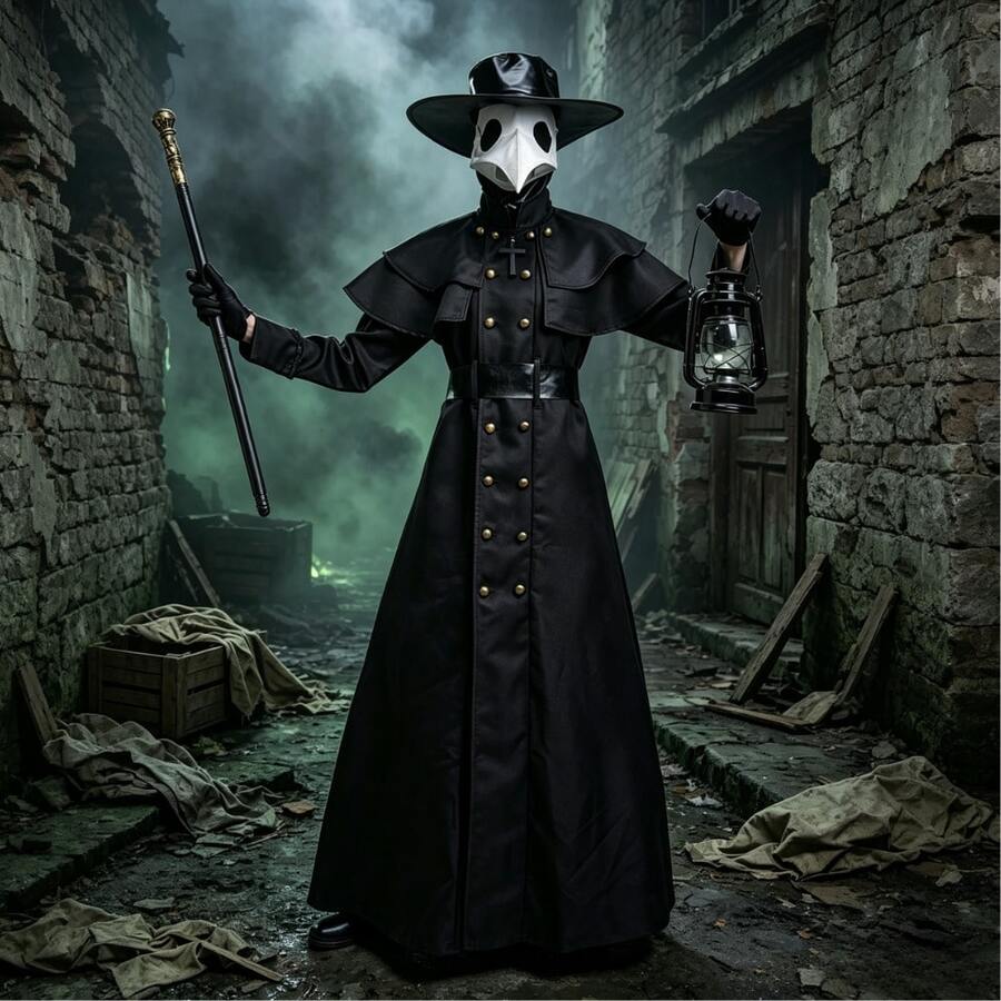 Adult Plague Doctor Costume Medieval Steampunk Long Black Robe Birdbeak Mask Set Dark Festival Roleplay Outfit - Multicolor - View 1