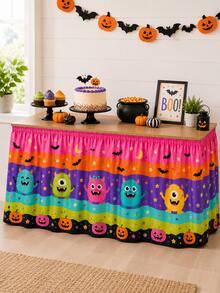 1pc Cute Monster Halloween Table Skirt, Colorful Striped Plush Monster Pumpkin Bat Moon Star Print Polyester Tablecloth, Easy To Install And Reusable, Suitable For Halloween Party, Dessert Table, Candy Buffet And Holiday Home Decor - Multicolor - View 1