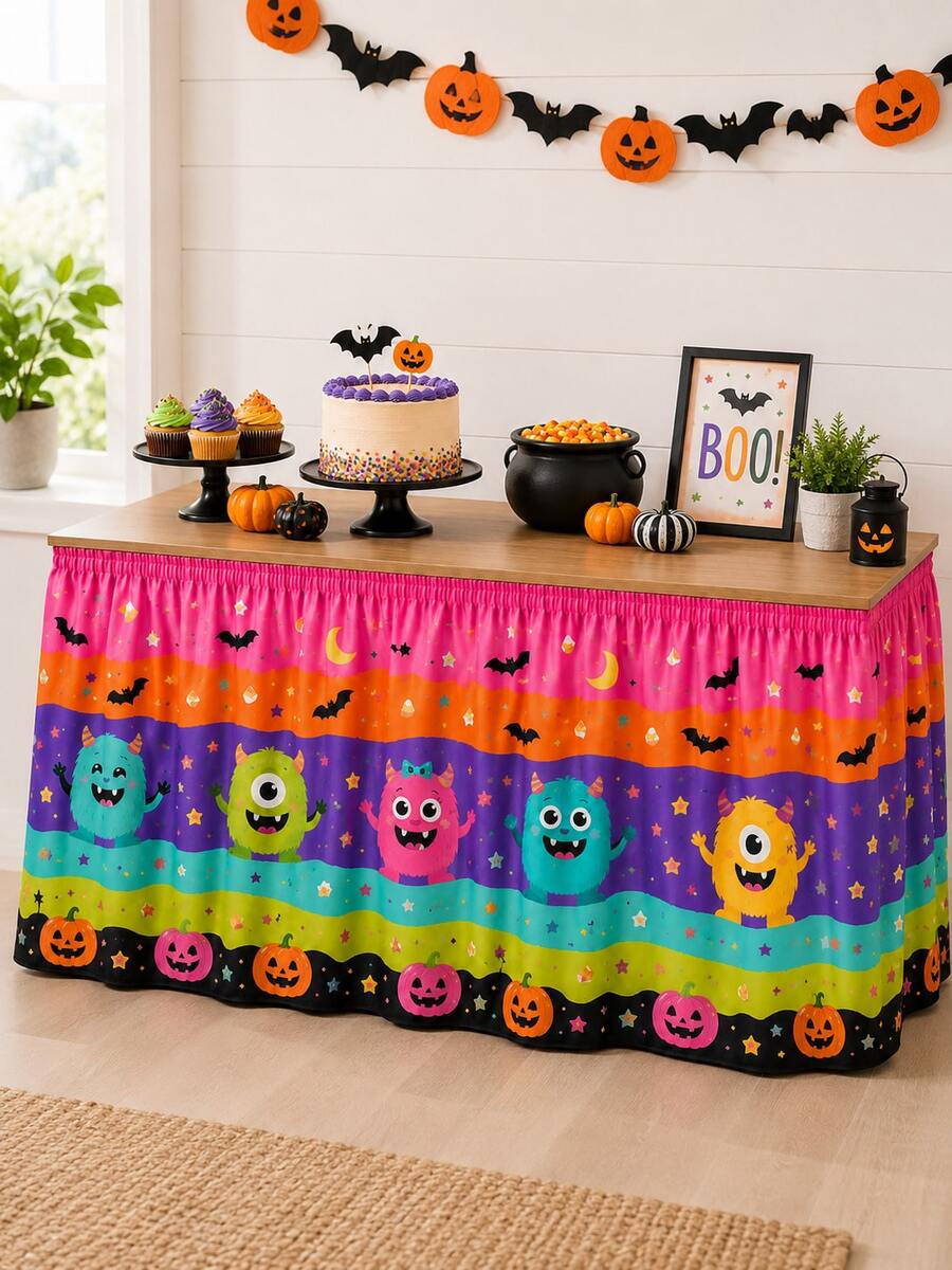 1pc Cute Monster Halloween Table Skirt, Colorful Striped Plush Monster Pumpkin Bat Moon Star Print Polyester Tablecloth, Easy To Install And Reusable, Suitable For Halloween Party, Dessert Table, Candy Buffet And Holiday Home Decor - Multicolor - View 1