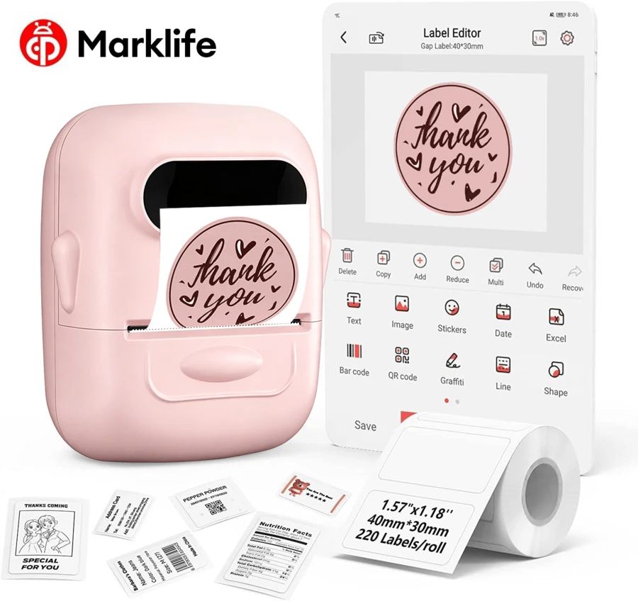 Printer Label Mini Bluetooth Marklife P50 Tanpa Tinta, Mesin Stiker Termal untuk Kantor, Sekolah, Dapur, Usaha Kecil, Pembuatan Pola dan Kode Batang DIY