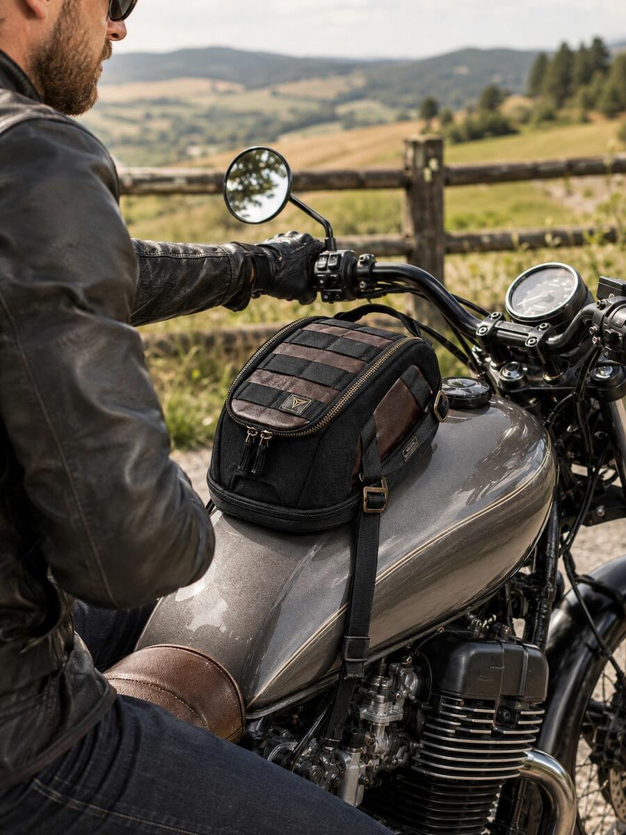 Motorcycle Tank Bag Magnetic Retro Style 3L-5L Expandable Waterproof Motorcycle Storage Bag Strong Magnet + Adjustable Shoulder Strap Rain Cover Non-Slip Base Mesh Phone Pocket Cafe Racer Bobber Cruiser Accessories